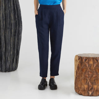Navy Blue Regular Fit Linen Trousers For Women With Elasticated Waist In Back And Pockets 