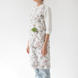 Cute Nature Birds Washed Linen White Pinafore Apron 
