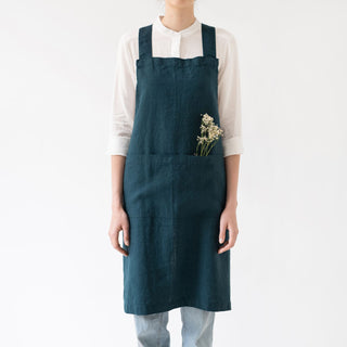 Deep Water Washed Linen Crossback Apron 