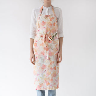 Floral Print Washed Linen Chef Apron With Adjustable Necktie And Two Front Pockets 1