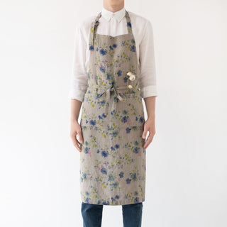 Flowers on Natural Washed Linen Chef Apron 
