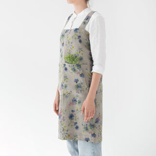 Stylish Side View Flowers Print Natural Linen Pinafore Apron For Cooking 