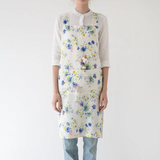 Flowers on White Washed Linen Crossback Apron 1