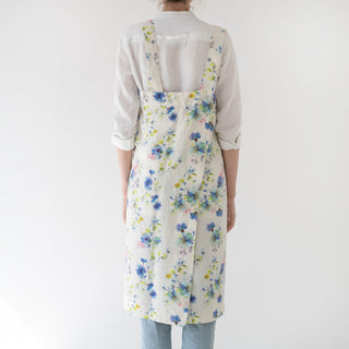 Flowers on White Washed Linen Pinafore Apron 3