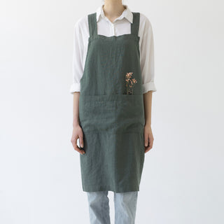 Forest Green Washed Linen Crossback Apron 