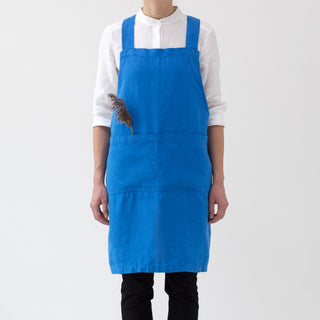 French Blue Washed Linen Crossback Apron 