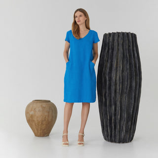 Bright Blue Linen V-neck Dress With Pockets For Women 1