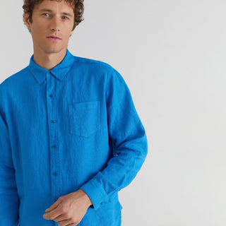 Bright Blue Loose Fit Linen Shirt For Men 
