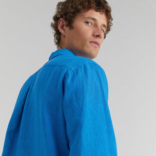 Bright Blue Linen Loose Fit Shirt For Men Side View 