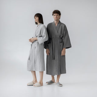 Light Grey Dark Grey 100 % Linen Cotton Honeycomb Waffle Bathrobe For Men Women Unisex 4