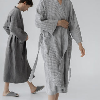 Light Grey Dark Grey 100 % Linen Cotton Honeycomb Waffle Bathrobe For Men Women Unisex 5