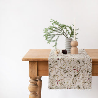 Christmas Mistletoe on Natural Linen Table Runner 