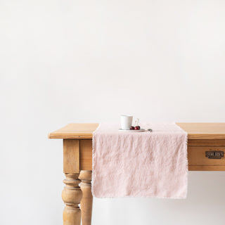 Misty Rose Washed Linen Table Runner with Fringes 