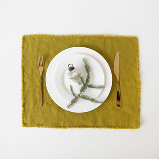 Moss Green Washed Linen Placemat With Fringes 