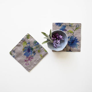 Set of 4 Flowers on Natural Washed Linen Coasters 