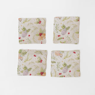 Set of 4 Christmas Print On Natural Washed Linen Coasters 
