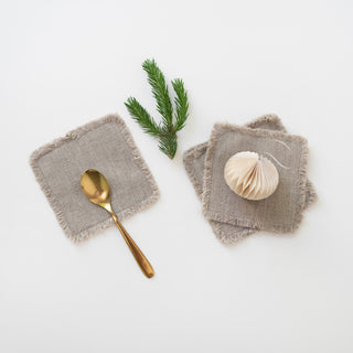 Christmas Natural Linen Coasters with Fringe Set  