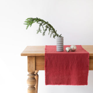 Red Pear Washed Linen Table Runner with Fringes 1