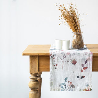 Watercolor Print Washed Linen Table Runner 