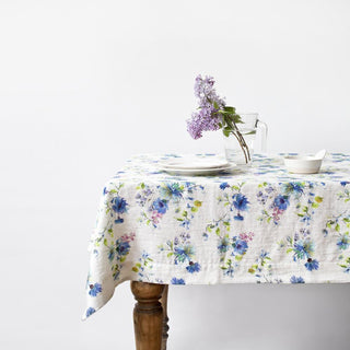 Flowers on White Washed Linen Tablecloth 