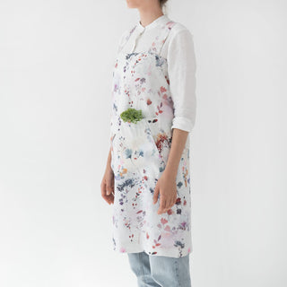 Side White Watercolour Flowers Linen Pinafore Apron For Cooking Gardening 