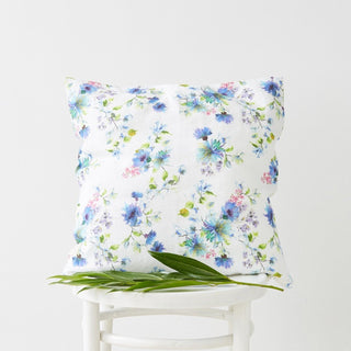 Flowers on White Washed Linen Cushion Cover 