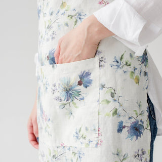White Flower Print Washed Linen Apron 