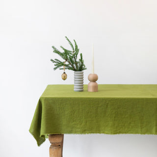 Christmas Green Linen Tablecloth with Fringes - Linen Tales USA 