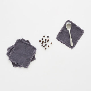 Dark Grey Linen Coasters with Fringes Set of 4 - Linen Tales 