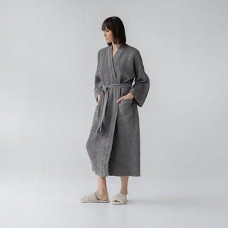 Dark Grey Linen & Cotton Honeycomb Waffle Bathrobe - Linen Tales 