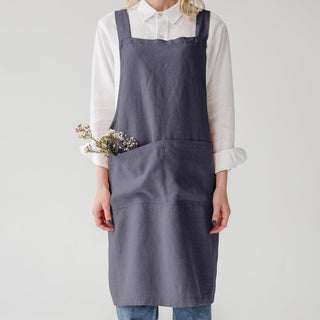 Dark Grey Linen Crossback Apron - Linen Tales 1