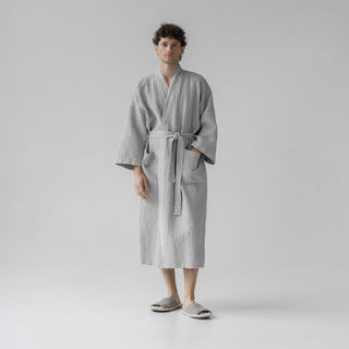 Light Grey Linen & Cotton Honeycomb Waffle Bathrobe - Linen Tales 