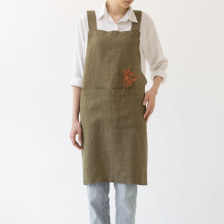 Martini Olive Linen Crossback Apron - Linen Tales USA 1