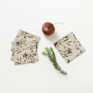 Mistletoe on Natural Linen Coasters Set of 4 - Linen Tales USA 