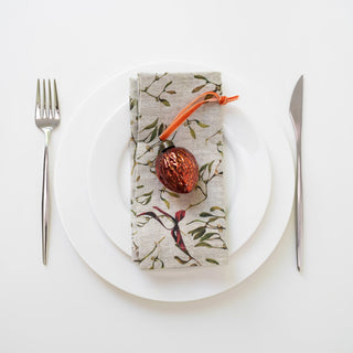 Mistletoe on Natural Linen Napkins Set of 2 - Linen Tales USA 