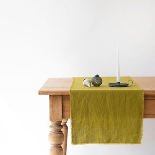 Moss Green Linen Table Runner with Fringe - Linen Tales 