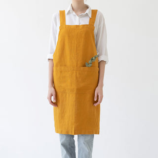Mustard Linen Crossback Apron - Linen Tales 1