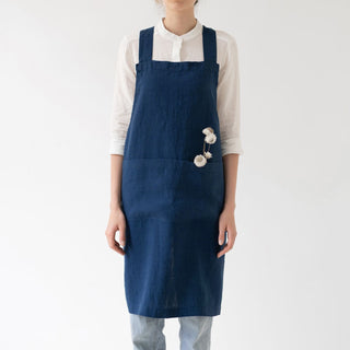 Navy Linen Crossback Apron - Linen Tales 1